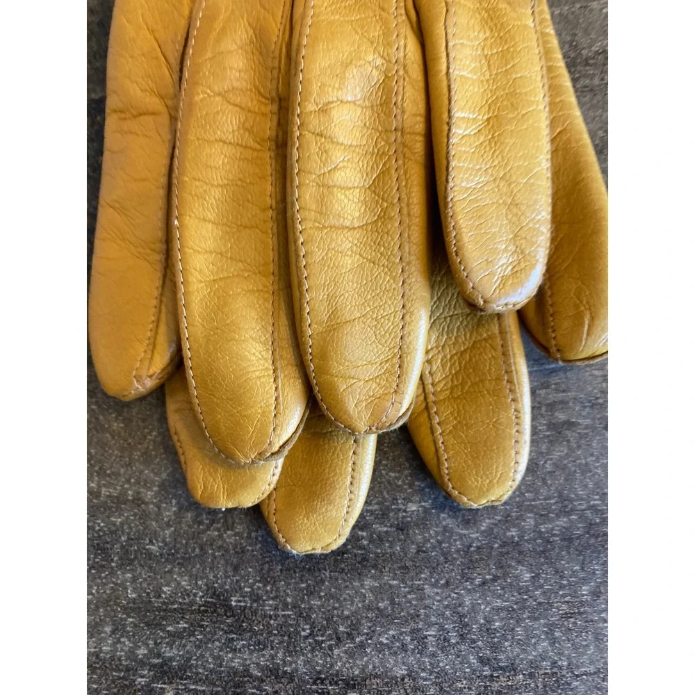 Vintage Mustard Yellow Leather Gloves Size 7 Knit Lined Mid Length Classic